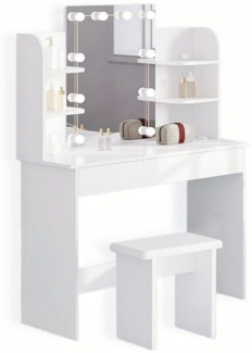 WILGOON Schminktisch Kosmetiktisch mit LED-Beleuchtung, 40 x 90 x 135 cm, dimmbar 3 Lichtmodi (Set, Kosmetiktisch mit Spiegel, Hocker und 4 Schubladen), Kosmetiktisch mit Spiegel, Hocker, Schublade,Speicherfunktion, Weiß