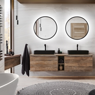 Badmöbel Badezimmermöbel Set in Vintage Oak Eiche, 180cm Doppel-Waschtisch Unterschrank mit Regal, 2 Keramik Waschbecken, 2 LED-Spiegel mit Hintergrundbeleuchtung