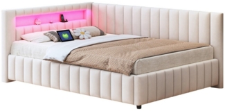 MODFU Polsterbett Schlafsofa Multifunktionsbett Stauraumbett Daybett Tagesbett (mit LED-Licht, USB-Anschluss, Rückenlehne und stabilem Rahmen, für Schlafzimmer & Gästezimmer, 140x200 cm), Ohne Matratze