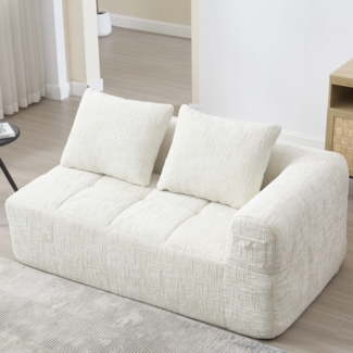 Flieks 2-Sitzer Sofa Chaiselongue Ecksofa – Chenille Polstersofa mit Schlaffunktion & Seitentasche fürs Wohnzimmer, Beige