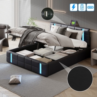 FUROKOY Polsterbett Doppelbett Stauraumbett mit Ladefunktion(2 USB) und LED-Beleuchtung (Lattenrost und Rückenlehne, 1-tlg, Bettgestell (Ohne Matratze),Bett Jugendbett Erwachsenenbett), 140x200 cm, mit Bettkasten