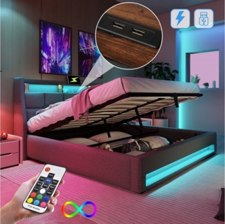 REDOM Polsterbett (LED Doppelbett Jugendbett mit USB Ladeanschluss), 160x200 cm,Ohne Matratze