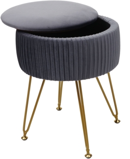 Sitzhocker HWC-K47, Hocker mit Staufach, Ø 33cm, Samt-Optik ~ hellgrau, Gestell gold