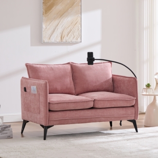 LVHOM 2-Sitzer Sofa mit Handyhalter und USB, Doppelsofa mit Seitentaschen, Polstersofa Zweisitzer mit Chenille Bezug, Rosa