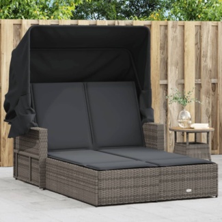 vidaXL Doppel-Sonnenliege mit Dach und Auflagen Grau Poly Rattan 365809