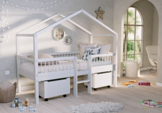 FORREST Buche Spiel-Hausbett 90 x 200 cm, inkl. Lattenrost, Leiter, Dachaufbau, 2 Rollboxen, Ausf. Buche massiv weiß lackiert