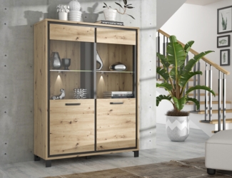 FORTE Trondheim Highboardvitrine, Holzwerkstoff, Schwarz/Braun, 101,4 x 161 x 41,5 cm