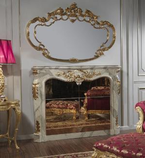 Casa Padrino Luxus Barock Möbel Set Kamin Barschrank mit Wandspiegel Grau / Gold - Verspiegelte Kunstmarmor Kamin Bar mit Spiegel - Hotel Restaurant Schloss Möbel - Luxus Qualität - Made in Italy