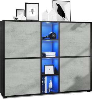 Vladon Highboard Cuba V3, Schwarz matt/Beton Oxid Optik inkl. LED - Moderne Anrichte mit 12 Fächern (130,5 x 105,5 x 35,5 cm)