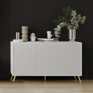 AX LIVING weiße Kommode Delvine 154 cm – strukturiert & mit goldenen Füßen