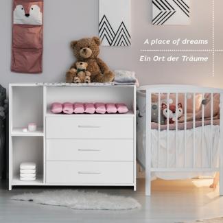 Infantastic® Wickelkommode - Mit Wickelauflage, 3 Schubladen, 3 Fächer, viel Stauraum, 113x53x101,6 cm, in MDF, Weiß - Baby Kommode, Wickelregal, Wickeltisch, Wickelschrank mit Wickelaufsatz