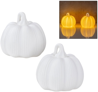 Levandeo® LED Dekoobjekt, 2er Set runde LED Kürbisse Weiß H11cm Timer Porzellan Tischdeko