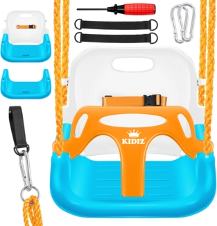 KIDIZ® Babyschaukel Kinderschaukel 3 in 1 Babysitz verstellbar Mitwachsend Schaukelsitz Gartenschaukel für Baby Kinder mit Rückenlehne und Anschnallgurt belastbar bis 100kg Indoor Outdoor Orange / Blau