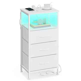 SONGMICS Nachttisch mit LED-Beleuchtung und Ladestation, Nachttisch mit 3 Schubladen und offenem Fach, weiß