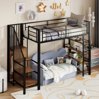 Hochbett 90x200 cm Kinderbett aus Schmiedeeisen mit Leiter, Regalen & Kleiderschrank, stabil, platzsparend, schwarz