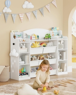 Kinderregal, Bücherregal Kinder aus Holz, Spielzeugregal mit 8 Stoffschubladen für Kinderzimmer, Wohnzimmer, Arbeitszimmer Weiß 30 x 140 x 104 cm