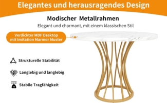 i@home Esstisch leichter und luxuriöser runder Tisch für 4-6 Personen (Bis 60 kg belastbar, 80 x 80 x 76 cm), marmorierte Tischplatte aus MDF, goldene Beine