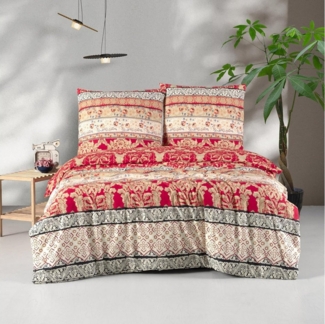 yadetextil Bettwäsche Baumwolle Bettbezug Blumen, Barock, Rot, Beige, Schwarz, Creme, Miza, Renforce, 3 teilig, Bettwäsche-Set, 200x220 cm, Miza