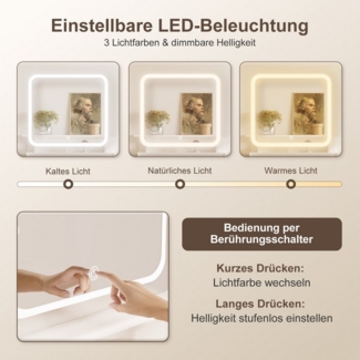 Lexzurn Schminktisch Schminktisch mit LED-Beleuchtung, Kosmetiktisch mit Spiegel, 4 Schubladen+6 offene Fächer, Helligkeit verstellbar, 92.6 x 132 x 36 cm