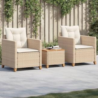 vidaXL 3-tlg. Bistro-Set mit Kissen Beige Poly Rattan Akazienholz 366311