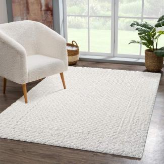 carpet city Teppich Hochflor Wohnzimmer - 120x170 cm - Einfarbig Weiß/Creme - Hochtief-Muster/ 3D-Effekt Bordüre - Shaggy Teppiche Schlafzimmer Boho, Scandi