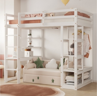 Flieks Hochbett Kinderbett 90x200cm mit Schreibtisch, Kleiderstange und Ablagen