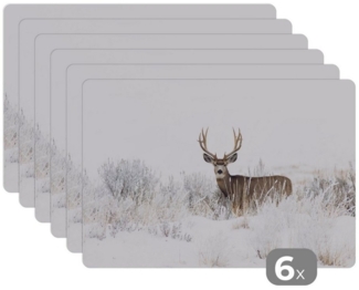 MuchoWow Platzset Hirsche - Winter - Schnee - Tiere - Jahreszeiten - Weiß, (6-St), Platzsets, Tischset, Abwaschbar, Tischsets, Platzdeckchen
