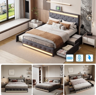 PXloue Polsterbett Modernes Polsterbett mit LED-Beleuchtung, Bettgestell mit USB-Anschluss und modernem Design.