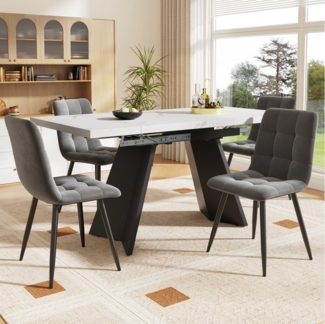 OKWISH Esstisch Langer Tisch,Moderne Esstisch,Teleskoptisch,Esstisch-Set (Esstisch Set 5-tlg mit Ausziehbarem Tisch für 4 Personen, Weiße MDF Tischplatte mit Marmoroptik, 4 Graue Samt-Esszimmerstühle, Perfekt für Esszimmer und Küche, 5-St, 99-159 cm)