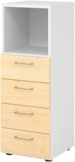 bümö smart Schubladenschrank, Büroschrank in Weiß/Ahorn mit 4 Schüben & 1 Regalfach - Bürocontainer aus Holz, Container mit Metallgriffen & Soft-Stop Schubladen, 934S4-W-3-BS