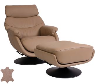 Relaxsessel mit Hocker HWC-K99, Fernsehsessel Sessel, Wippfunktion drehbar, Metall Echtleder/Kunstleder ~ taupe