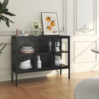 Vitrinen-Sideboard Borshavisa Stahl 3-türig 80x100x35 cm Schwarz [en. casa]