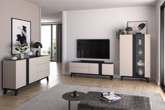 Lomadox Wohnzimmer-Set FRIONA-131, (Mega-Spar-Set, 3-St, Highboard Lowboard Sideboard), kaschmir schwarz modern Möbelfüße Softclose Glastür
