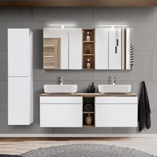 Badezimmermöbel Set in weiß matt mit Vintage Eiche Nb. IRAKLIO-56 Doppel Waschtisch mit 2 Keramik Waschbecken, 2 LED-Spiegelschränke und Hochschrank, B/H/T: ca. 195/200/46 cm