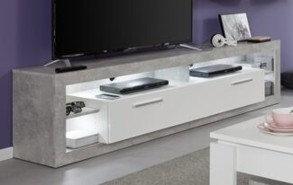 TV-Lowboard Rock in weiß Hochglanz und Stone Design 200 cm
