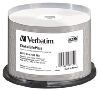 Verbatim DVD-R 4,7GB 16x 43744 | Inkjet Printable | Wide Printable | Cakebox 50er Spindel | Ohne Innenring-Logo | Weiß