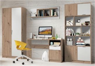 Jugendzimmer Karla in Artisan Eiche und Weiß Kinderzimmer Komplett Set - in verschiedenen Varianten - 4 teilig , Kleiderschrank + Schreibtisch + Wandregal + Bücherregal