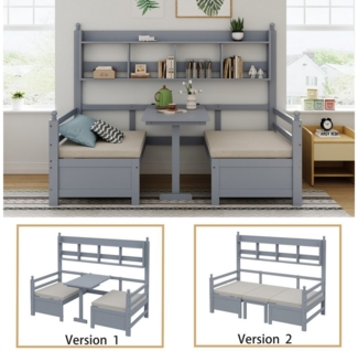 MC Star Schlafsofa Multifunktionales Massivholz200x90 cm, 2-in-1 Bett und Schreibtisch, Frei Umbaubar, Mit Bücherregal Zur Aufbewahrung, Mit Bequemen Kissen, Gästebett Einzelholzbett, Grau