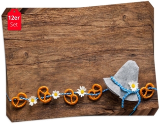 Tischsetmacher Platzset Tischsets I Platzset - Bayern Oktoberfest Hüt mit Brezeln und Blümchen, (aus Naturpapier in Aufbewahrungsmappe, 12-St, 44 x 32 cm braun), Made in Germany