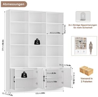 Homfa Bücherregal 209cm Bücherschrank Hochschrank Raumteiler Standregal, mit 15 offenen Fächern und 4 Türen, Holz, 150x23,7x209 cm, Weiß
