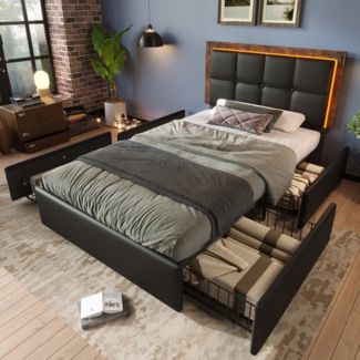 Polsterbett 90x200 cm aus PU mit LED-Beleuchtung und 4 Schubladen