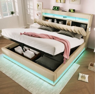 REDOM Polsterbett Bequeme Betten mit Stauraum und LED-Beleuchtung (Struraumbett, Funktionsbett, 180x200 cm, ohne Matratze, Beige), mit USB- und Typ-C-Anschlüssen, LED-Beleuchtung