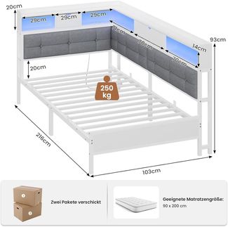 MSMASK Daybett Polsterbett Jugendbett mit LED-Beleuchtung und USB-Ladestation, Bettgestell mit Lattenrost aus Metall, 90 x 200 cm