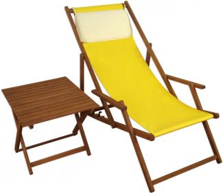 Liegestuhl gelb Gartenliege Tisch Kissen Deckchair Sonnenliege Gartenstuhl Massivholz 10-302TKH