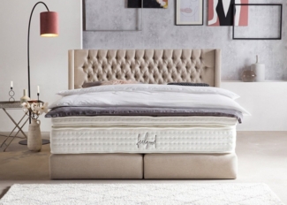 BettCo Boxspringbett Florida (in Beige Webstoff, 200x200 cm), Kopfteil mit Ohren, Topper optional, Gleiterfüße