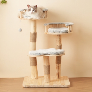 Merax 98cm Katzenklettergerüst aus Massivholz - 3-stufiges Sprungbrett, abnehmbare Kissen und Spielbälle, Wolkenoptik-Imitation - Katzenklet, grau