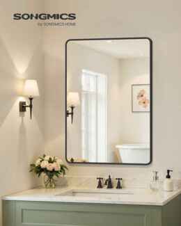 SONGMICS Spiegel für Bad, Wandspiegel, rechteckiger Spiegel, Aluminiumrahmen, 91x61 cm, mit Sicherheitsfolie, 2 Aufhängemöglichkeiten, für Wohn-, Schlaf- und Badezimmer, tintenschwarz