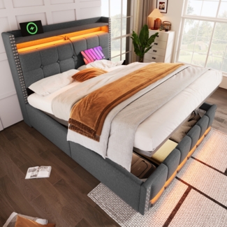 Merax Polsterbett 160*200cm mit LED-Beleuchtung und USB-Steckdose, Kopfteil mit Einlegeböden und Stauraum, Mit Hydraulik für die Lagerung, Erwachsenenbett Doppelt, Leinenstoff Grau