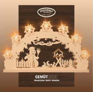 Weigla Schwibbogen Schneemann, Lichterbogen aus Holz NATUR-BRAUN, Made in Germany (1-tlg), Erzgebirge garantiert, Weihnachtsdeko Innen, Weihnachtsbeleuchtung