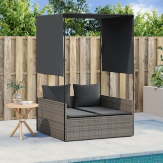 vidaXL Doppel-Sonnenliege mit Dach und Vorhängen Grau Poly Rattan 4002757